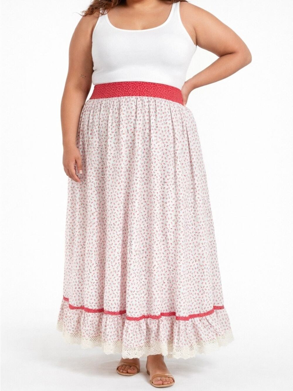 VTG Handmade Prairie Skirt Cottagecore Calico Floral Lace Elastic Waist Maxi L
